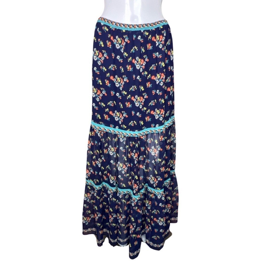 Sophie Max Navy Floral Tiered Maxi Skirt Boho Peasant Festival Womens Medium